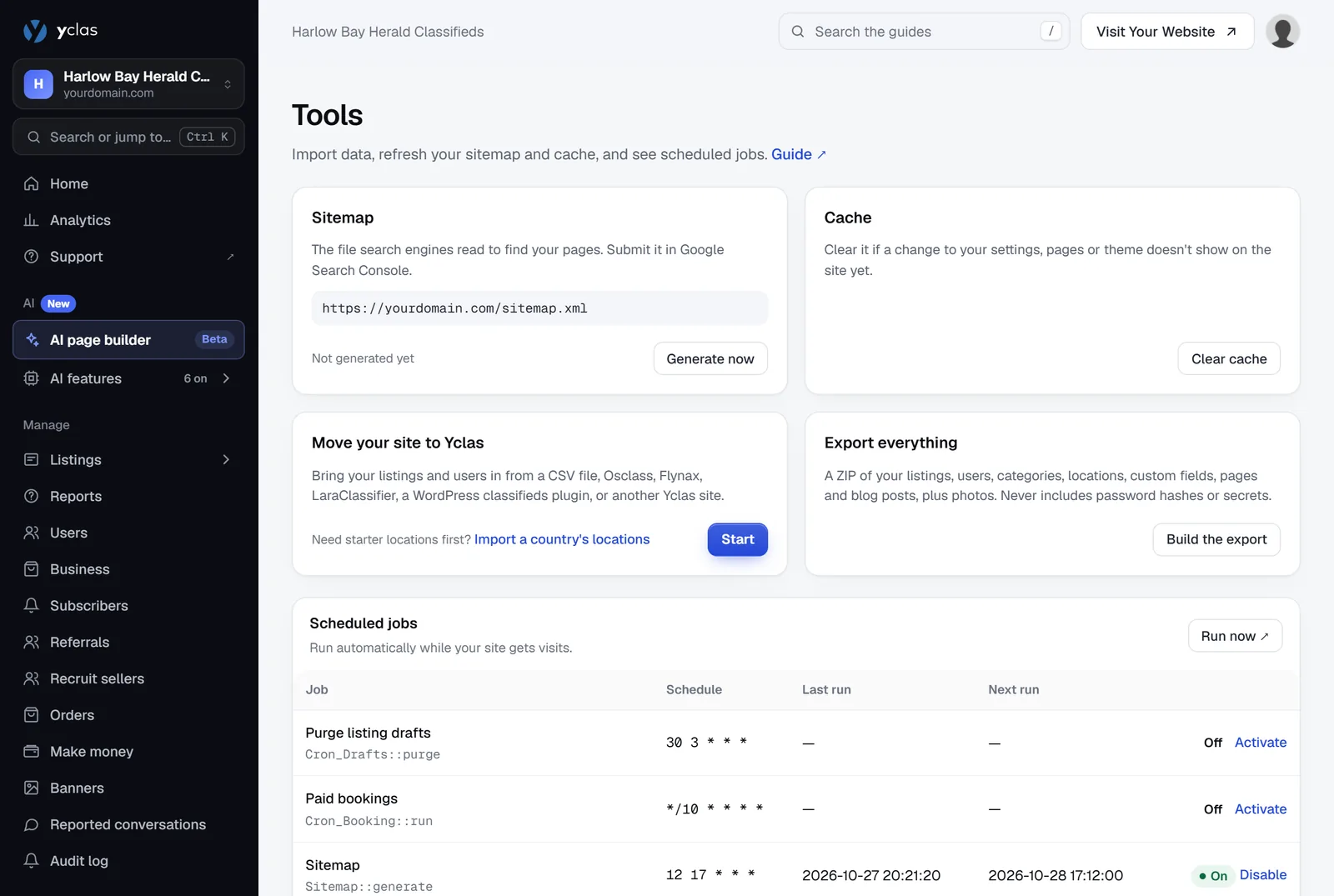 The Tools page, with the sitemap, cache, import, export and scheduled jobs
